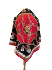 Equestrian Silk Scarf Horse Carriage Harness Belt Print Red Black Gold A72