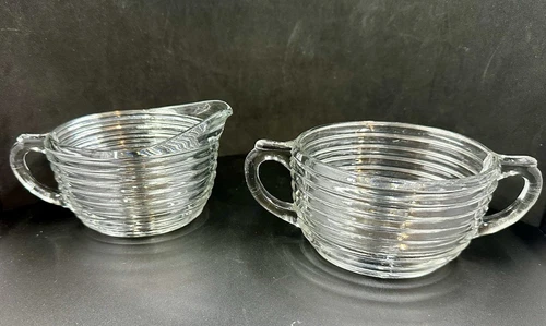 Pair Anchor Hocking Manhattan Depression Glass Flat Oval Creamer & Sugar Set