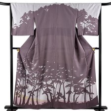 Japanese Silk Houmongi Kimono M 158cm Ash purple Pine Silhouette Masterpiece 872