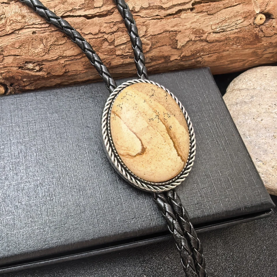 Collar de boda con corbata Bola Bolo de piedra arenisca 40" cuerda de cuero vaquero occidental Bolo Foto 3 de 4