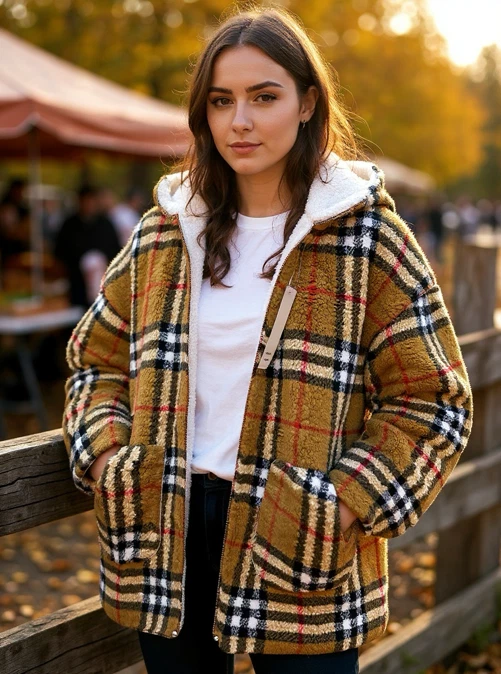 Plaid sherpa jacket — warm and cozy for cold weather. S/M, L/XL. Unisex