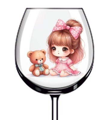 12x süße Puppe Mädchen Teddybär Vinyl Aufkleber Abziehbild Becher Weinglas Flasche Becher