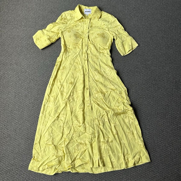 M-Kara Yellow Midi Shirt Dress Size 10 Floral Full Button Front Long Australia