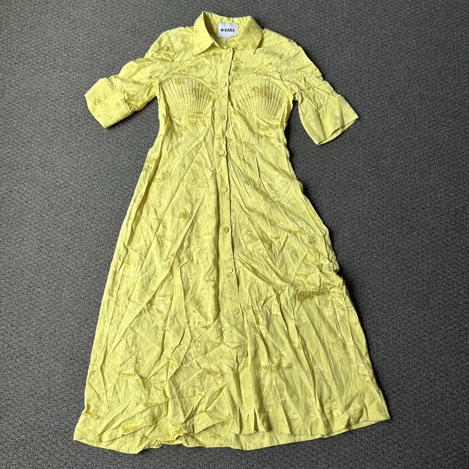 M-Kara Yellow Midi Shirt Dress Size 10 Floral Full Button Front Long Australia