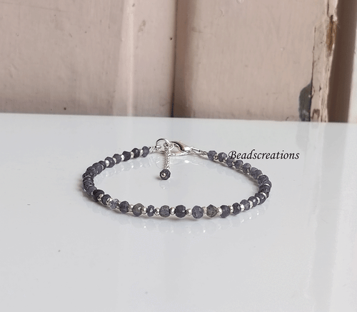 AAA Iolite and Silver Pyrite Beads Bracelet Beaded Shine Beads Jewelry Wife Gift - Foto 2 di 7