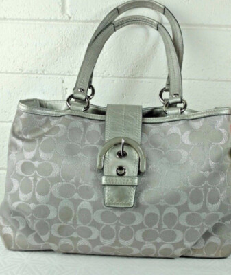 COACH TOTE SILVER SIGNATURE C JACQUARD/ LEATHER No. F18912 SATCHEL HANDBAG