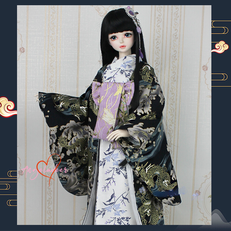 OB27 1/6 1/4 1/3 BJD Black Kimono Blonde Dragon 2*Robe+Waistband+