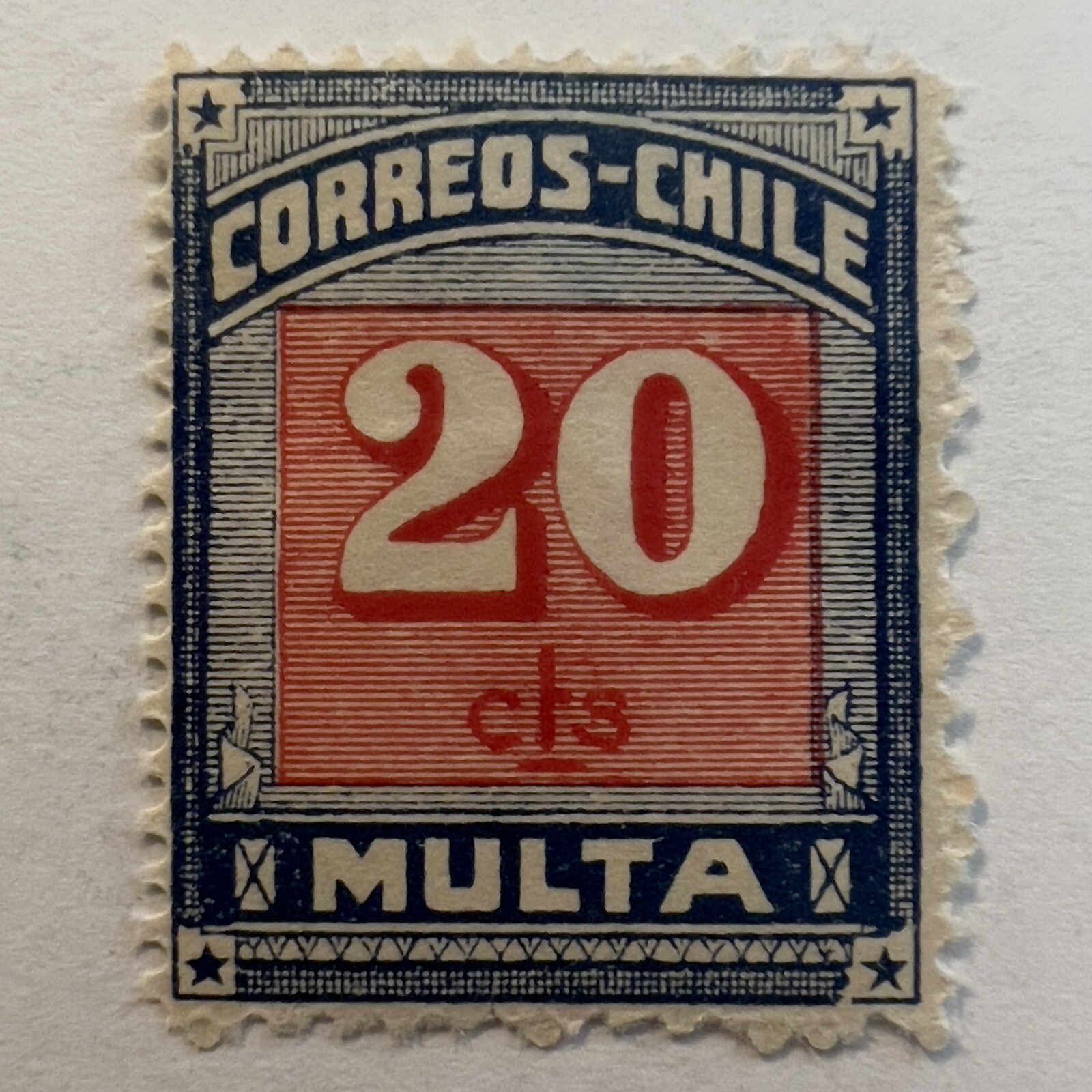 RARE 1924 CHILE 20C POSTAGE DUE MINT MH OG STAMP #J52, SIGNED ON BACK