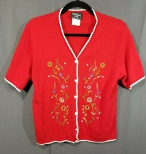 Southern Lady Cardigan Sweater Made In USA Red Button up, Embroidered Flowers