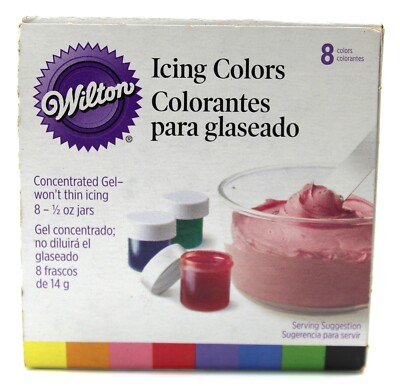 NOS Wilton 8 Icing Food Colors Concentrated Gel 1/2 oz Jars Helpful Hints