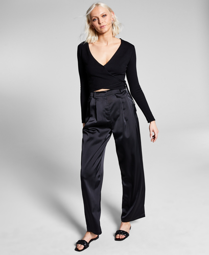 And Now This Womens Size Small Pleated Satin Wide Leg Dress Pants in Black $49