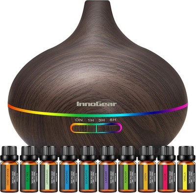 Aromatherapy Diffuser Ultrasonic 400ml Dark Wood Grain with 10 Essential Oils