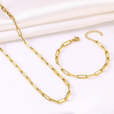 Gold Plated Paperclip Chain Links w/Extension,Alloy Necklace & Bracelet 2pcs set