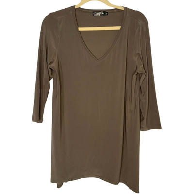 Sympli Top Women s Size 10 Taupe Grey Stretchy Knit Casual V-Neck