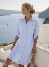 NWOT Blue White Pinstripe Short Shift Dress M Travel Casual Coastal Lightweight