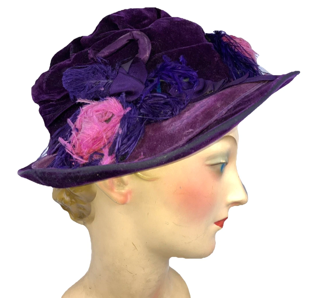 Vintage Union Made Purple Velvet & Silk Cloche Turban Style Hat with Brooch Vintage Velvet Cloche Turban Flapper Hat Rhinestone T… - Gem main image 3