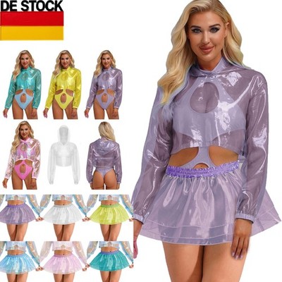 DE Damen Transparent Hoodie Holographic Shirt Oberteil /Mini Rock Party Clubwear