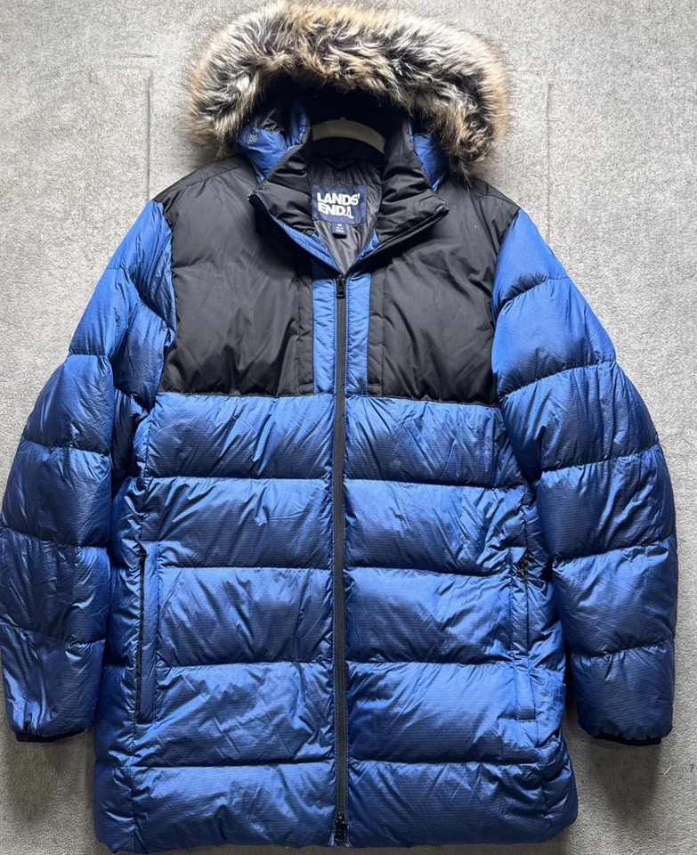 Parka acolchada Lands’ End Down azul negra capucha ribete de piel sintética para hombre mediana 38-40 Foto 2 de 4