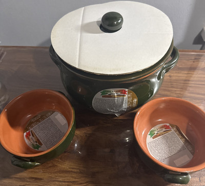 Terracotta Covered Slow Cooker Set Italy - De Silva Terre D Umbria Green - New