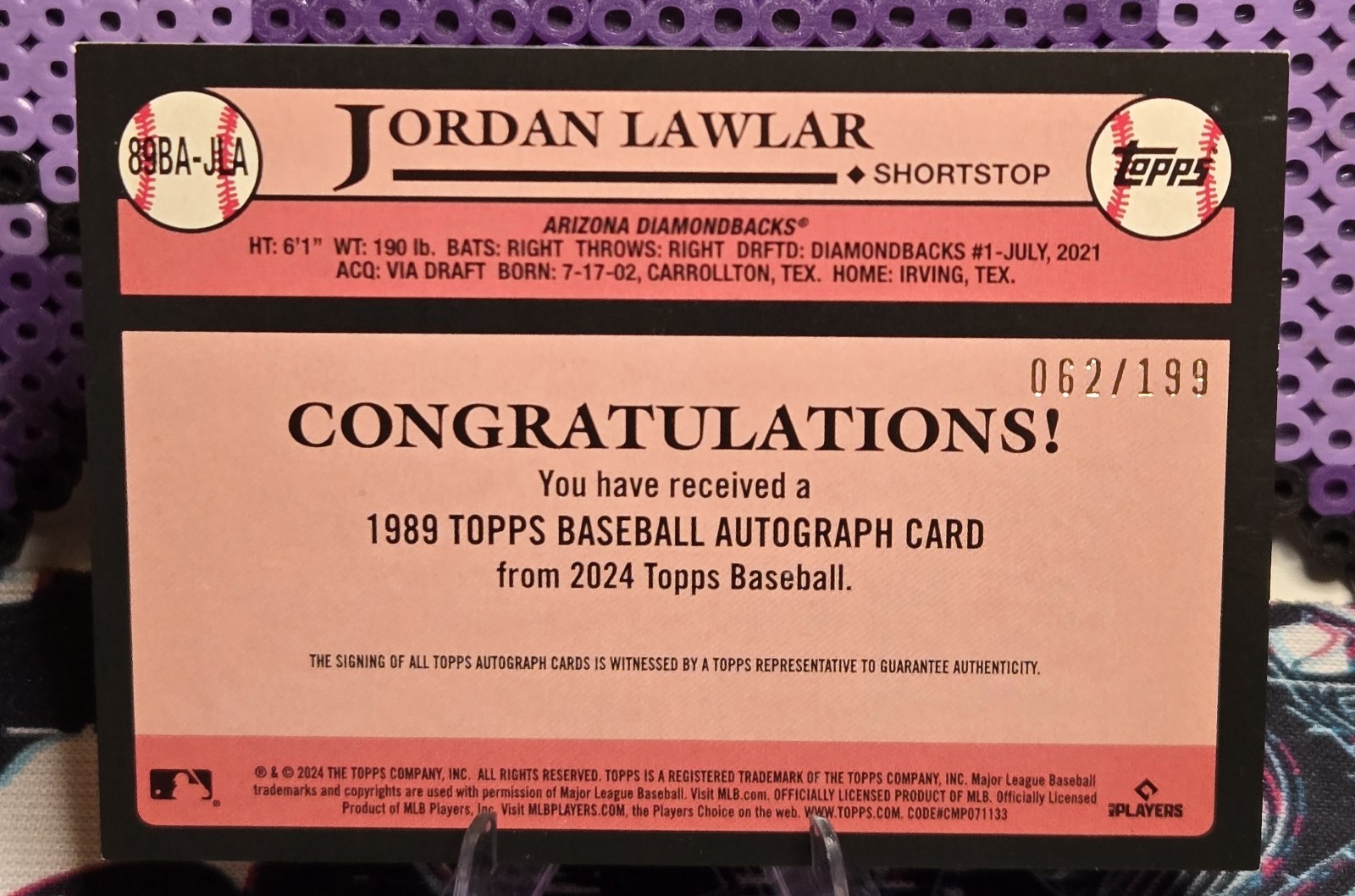 2024 Topps 1989 Jordan Lawlar Autograph RC #89BA-JLA /199 AZ Diamondbacks Auto thumbnail 4