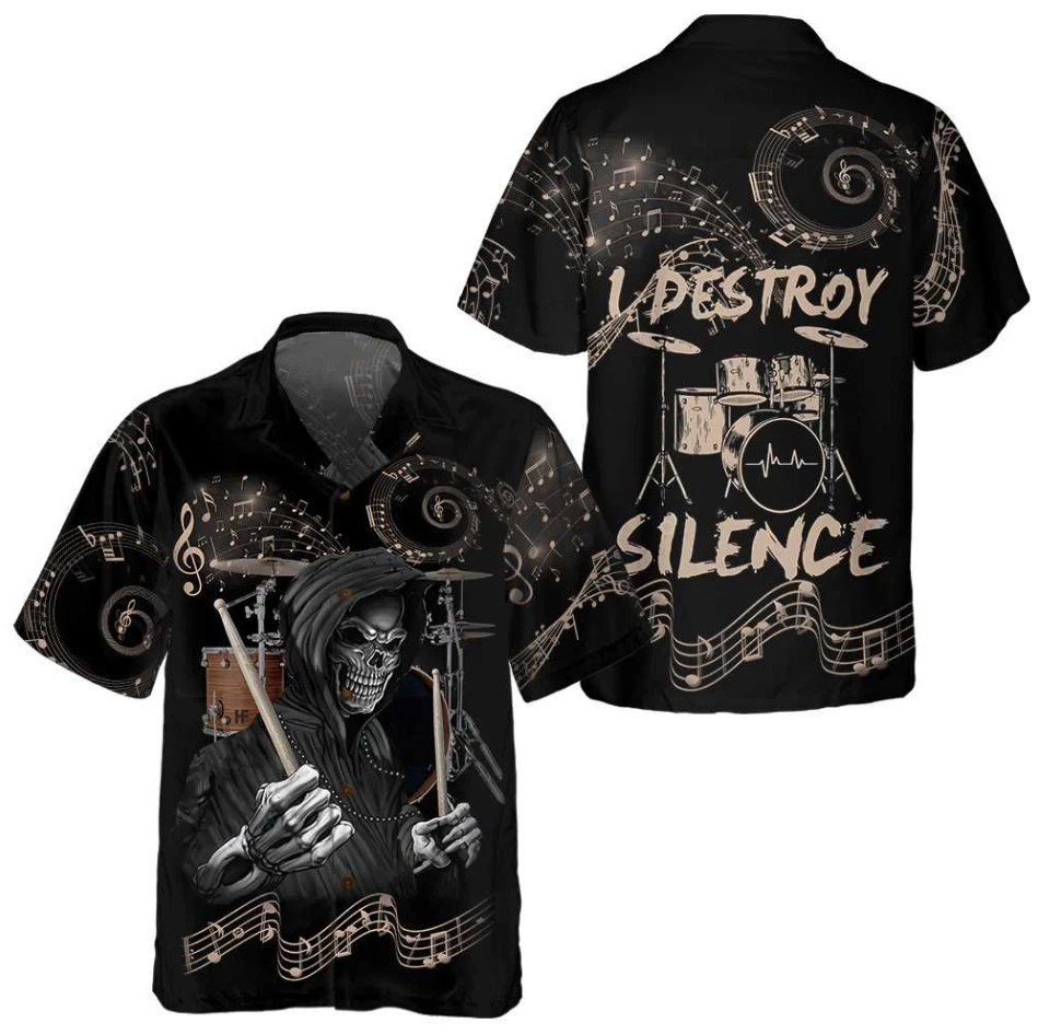 Drum I Destroy Silence Hawaiian Shirt, Drummer Skull Shirt