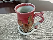 Studio Pottery Coffee Mug Handcrafted Earthtones Abstract Design with Coaster