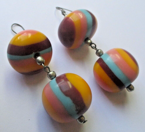 Boucles D'oreilles Rétro Tombantes – Grosses Perles Orange Et Bleu, Fermoir Clous