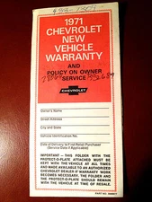 1971 Corvette Owner Protection Plan New Vehicle Warranty Brochure Blank 1st Edt 