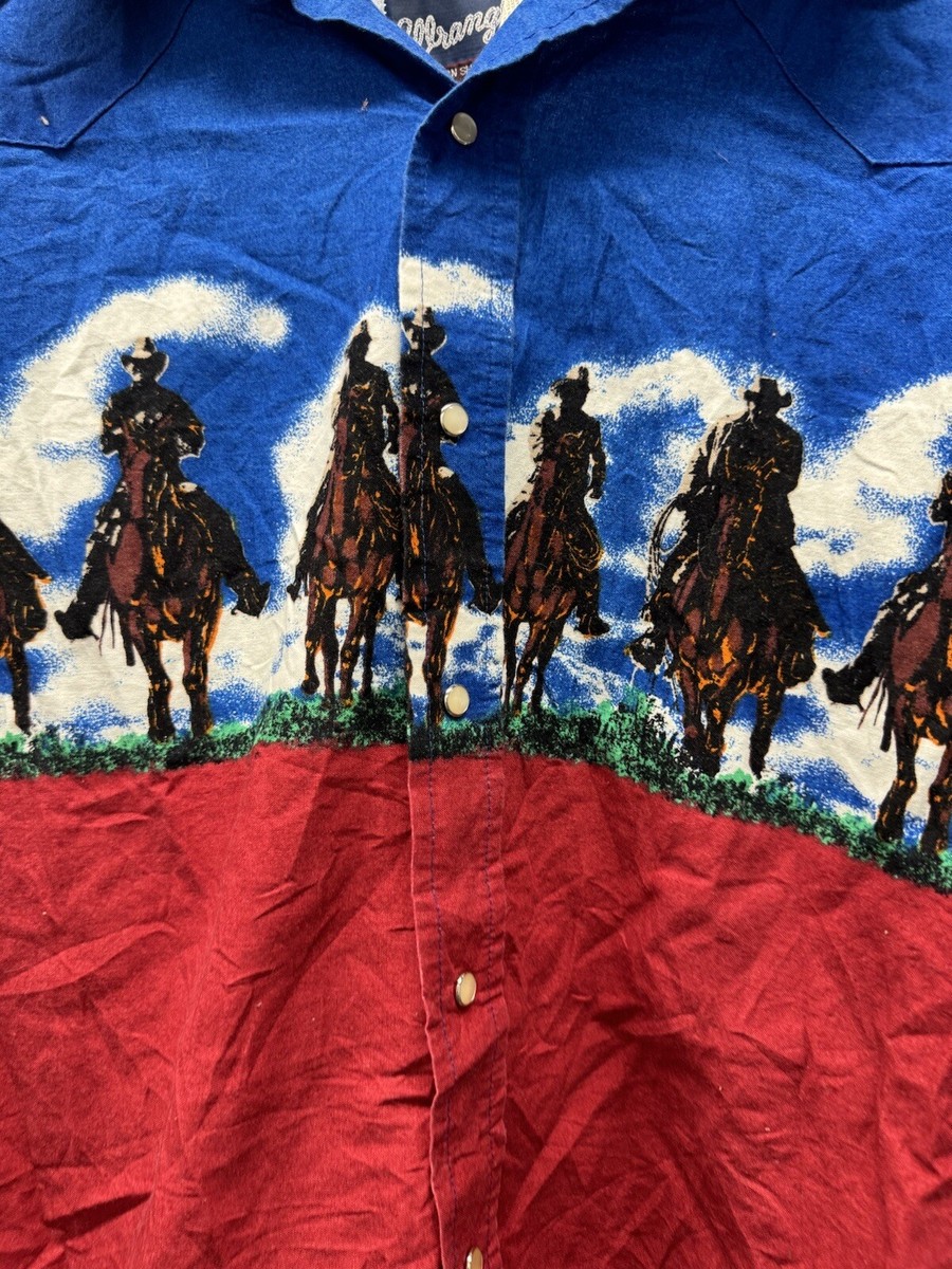 Vintage Wrangler Western Cowboy Print Graphic Pearl Snap Button