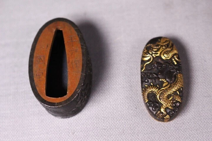 Antique Shakudo Dragon Fuchigashira Brass Inlay Japanese Fuchi Kashira fromJapan - Image 3 of 4