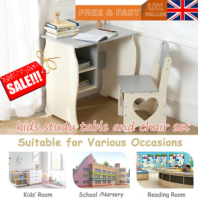 Wooden Kids Study Desk and Chair with Storage Shelf Children Table Stool  Set UK