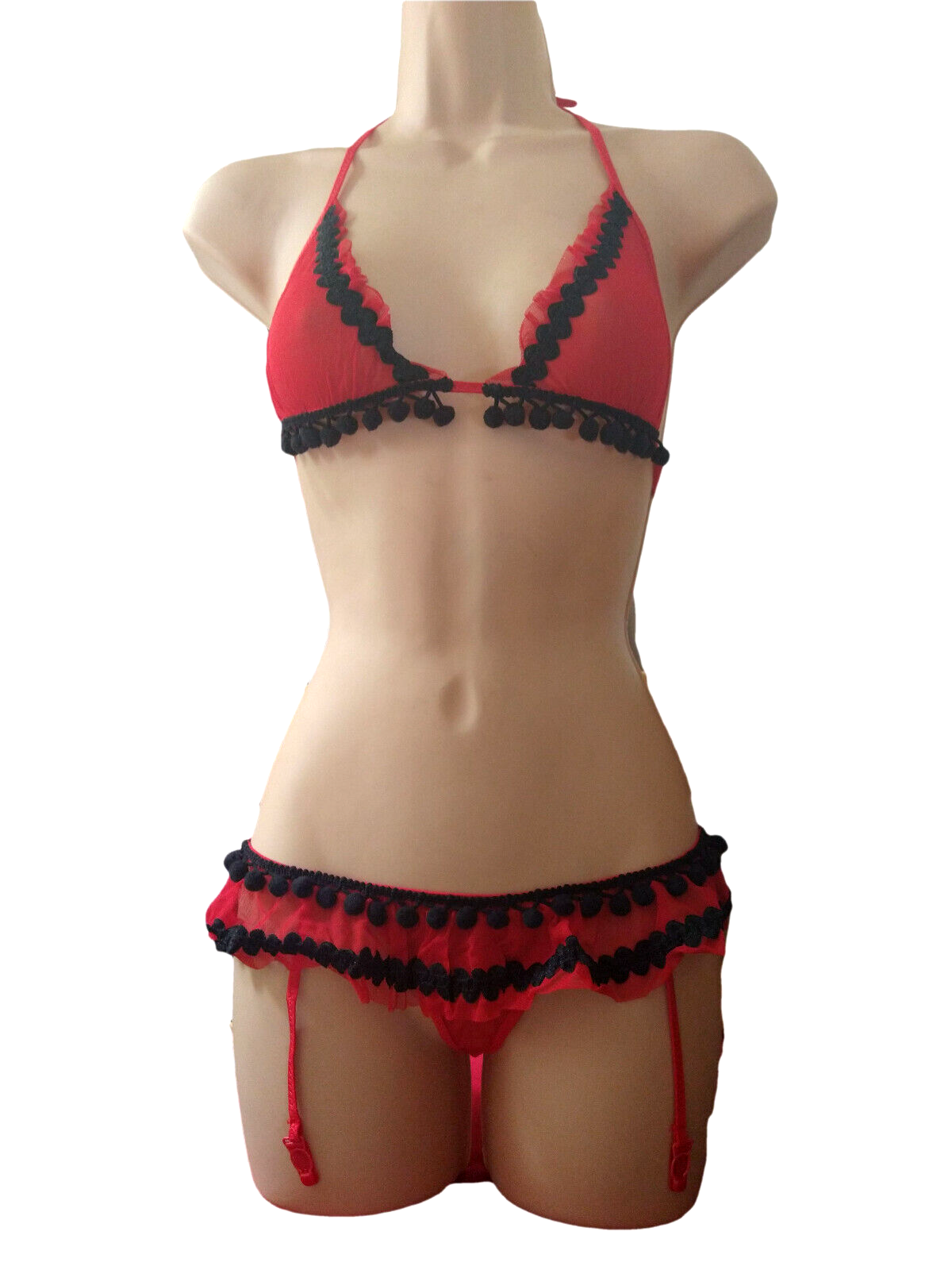 Red Thong Suspender Set Bralette Size 8 10 Sheer Halter Bra Lingerie Sexy Black