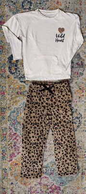 Wonder Nation Girls 2Pc Pajama Set S(6/6) Plush Leopard Pants-T-Shirt-Wild Heart
