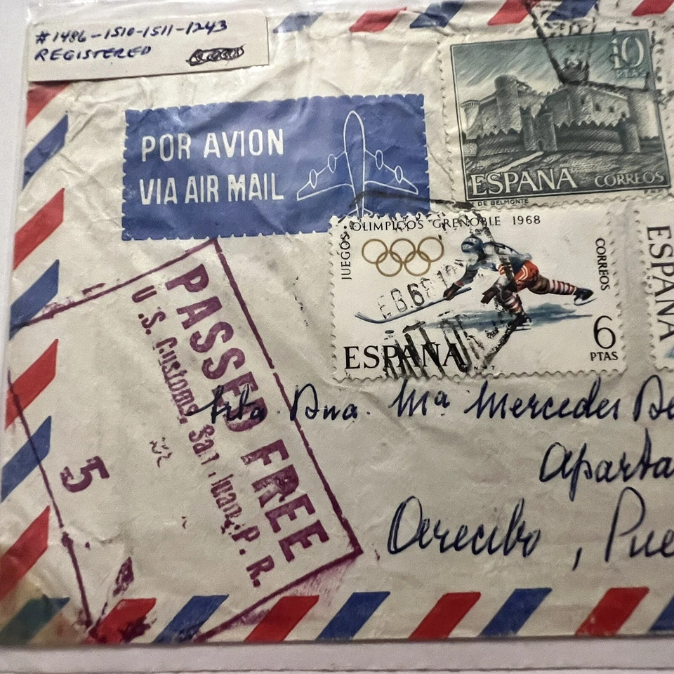 RARE 1968 SPAIN REGISTERED COVER TO PUERTO RICO PASSED BY US CUSTOMS - Image 2 of 4