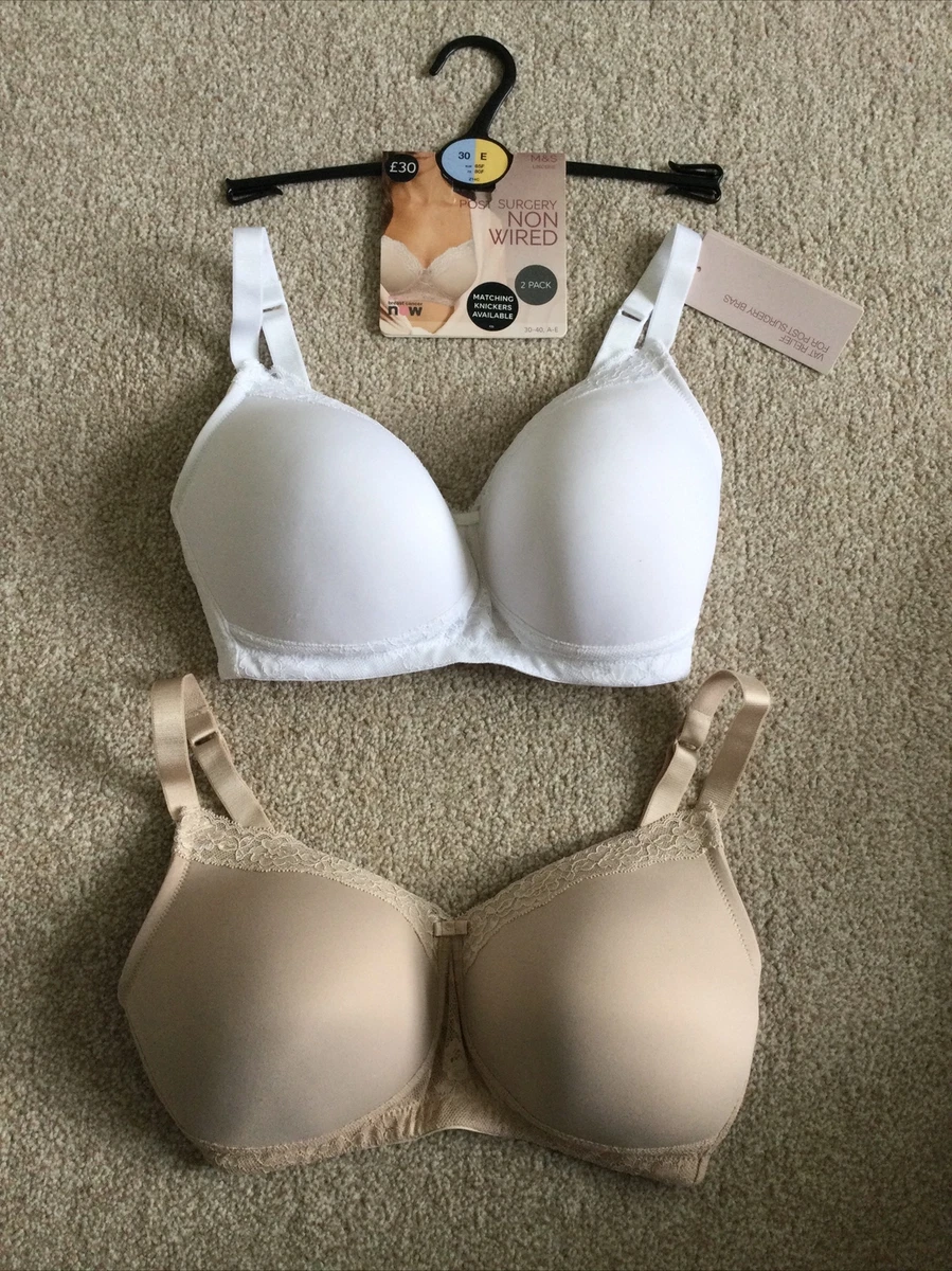 M&S Size 30E 2 Pack Post Surgery Non Wired Bras Nude White Prosthesis  Pocket