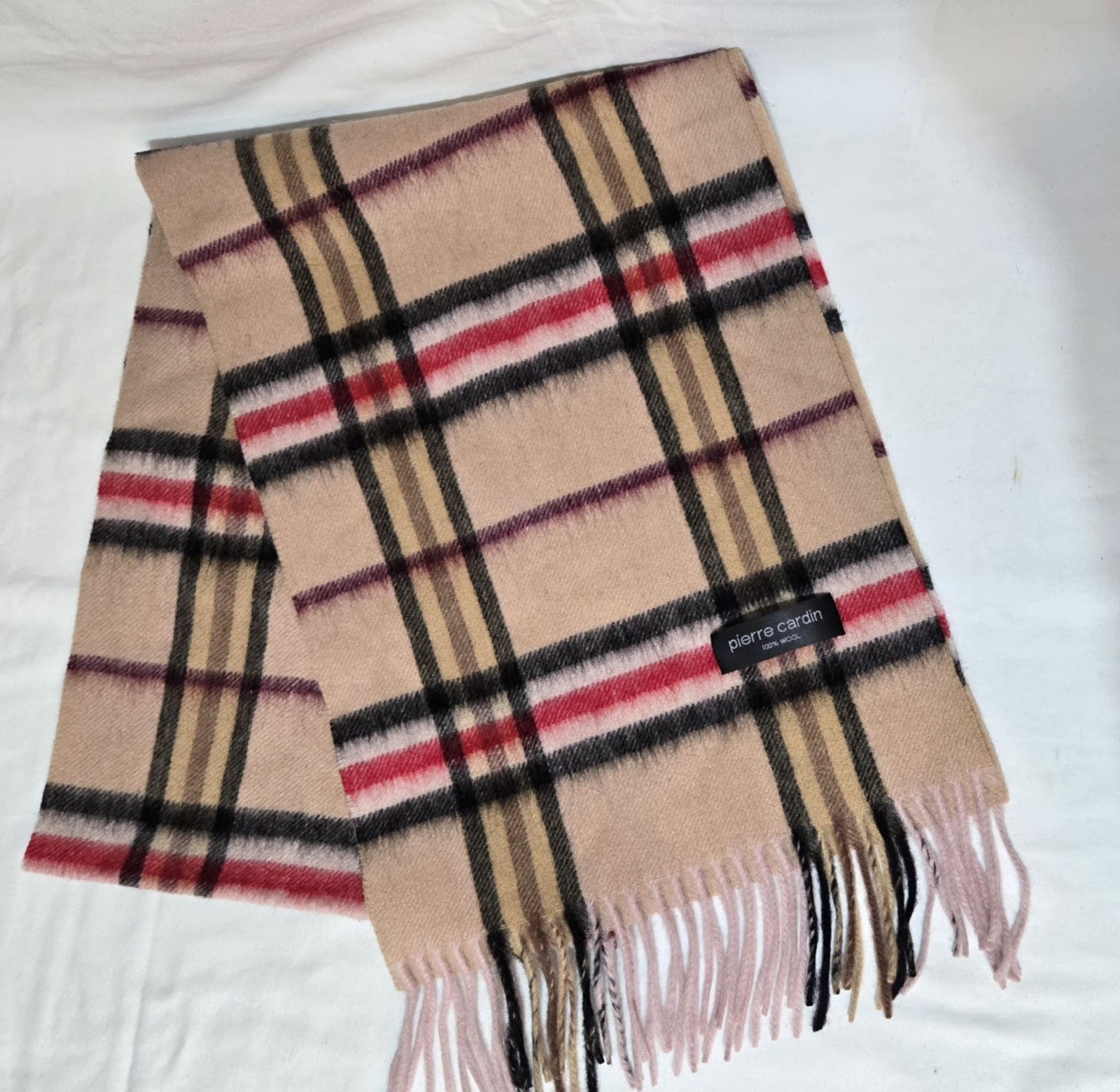 Pierre Cardin 100percent Wool Scarf – Tan Plaid Check Pattern – 12x66” – Fringe Trim image 3