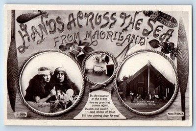 Rotorua New Zealand Postcard Hands Across the Sea from Maoriland c1930 s RPPC