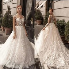 Elegant A-Line Wedding Dresses O-Neck Long Sleeves Lace Appliques Bridal Gowns