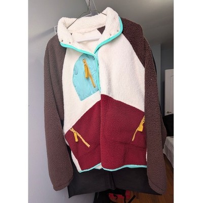 Colorblock Sherpa Fleece Jacket Snap Front High Neck Multi-Color Outerwear
