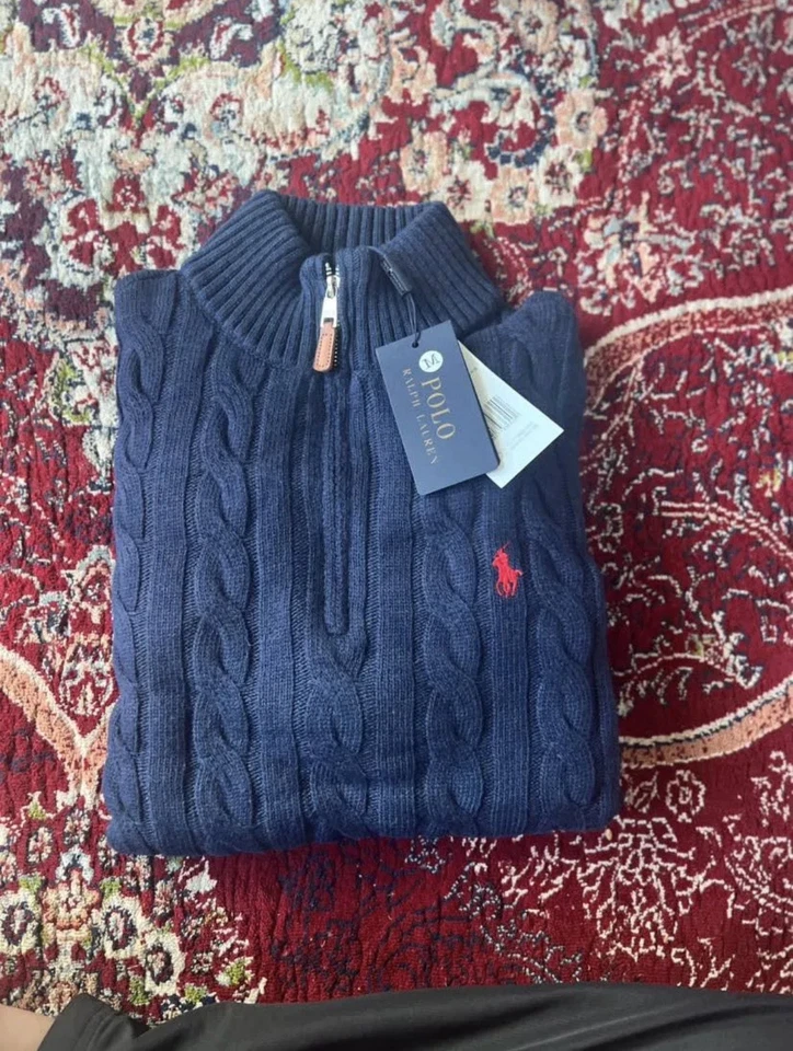 Azul Marino Ralph Lauren Cable Tejido Cuarto Cremallera Suéter Foto 2 de 4