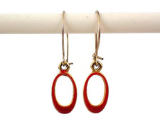 Vintage Tiny Red Enameled Hoop Earrings Pierced Earrings Goldtone Metal