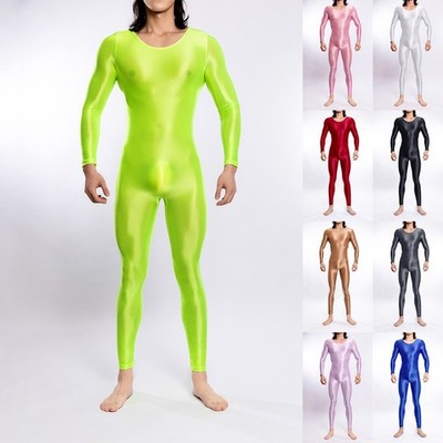 Edgy Herren Oil Glossy Stretchy Overall mit langen Ärmeln für Clubbing Spaß