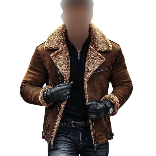 Men's Bomber Suede Leather Jacket 100% Real Brown Leather Tan Faux Fur Jacket
