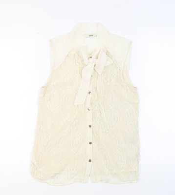 Oasis Damen Beige Polyamid Basic Knopfleiste Größe M Rundhals - Muschi Schleife Ausschnitt