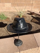 Casual Outfitters Black Real Leather Cowboy Hat Large W/2 Horse Head Pin