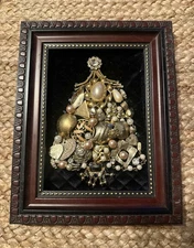 Framed Costume Rhinestone Jewelry Christmas Tree Framed  