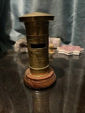 Vintage Brass Money Box, Post box, Coin bank. Wooden base.