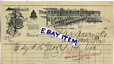 1917 Rare BILLHEAD Texarkana Arkansas THE TEXAS PRODUCE COMPANY Ashdown De Queen