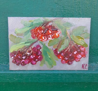red viburnum original oil painting, viburnum branch art, small fruit painting