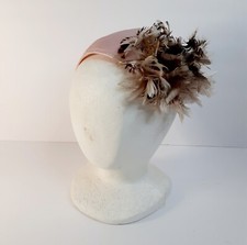 Vintage Pink Satin Headband Hat with Neutral Feather Flower Unbranded
